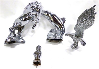 Lot 2096 - A Chromium Plated Car Mascot as a Prancing Horse, standing on its hind legs, 18cm high; another...