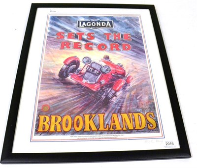 Lot 2016 - After Phil May ";Lagonda Rapide at Brooklands Alan Hess sets the Record 1937"; Giclee poster print
