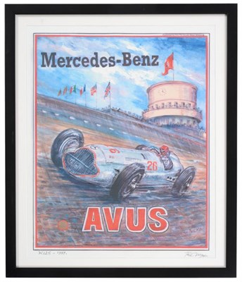 Lot 2017 - After Phil May ";Mercedes Benz W125 at Avus Berlin"; Giclee poster print, signed in pencil, 45cm by