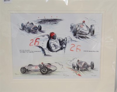 Lot 2018 - After Phil May Action studies Mercedes W125 at the Rheims Grand Prix 1938 Signed by the artist...