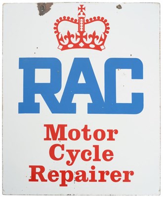 Lot 2021 - An RAC Motor Cycle Repairer Enamel Double-Sided Advertising Sign, with two drill holes, 63cm by...