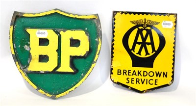 Lot 2023 - An AA Single-Sided Enamel Advertising Sign ";Breakdown Service";, 23cm by 18cm; and A BP Cast Metal