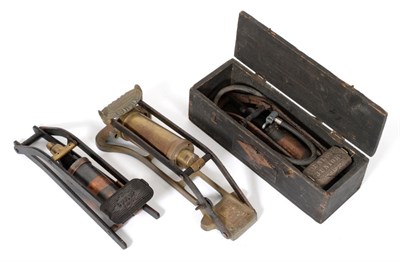 Lot 2037 - Three Vintage Foot Operated Tyre Pumps, comprising Dunlop Junior, original stained pine box...