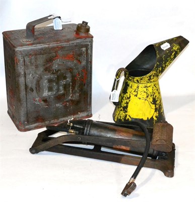 Lot 2044 - A Vintage Dunlop Major Foot Pump, a yellow enamel oil can and red BP fuel can (3)  Buyer's...
