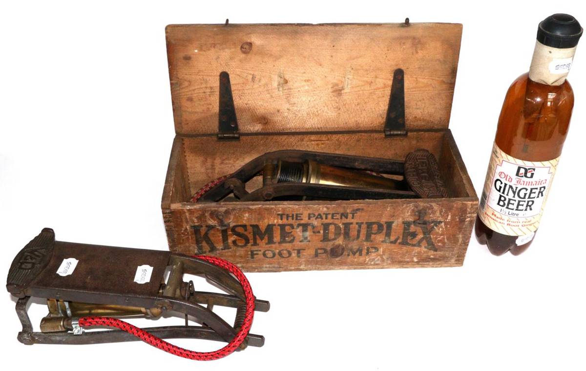 Lot 2001 - A Kismet Duplex Master Foot Pump, in original pine box; A Vintage W&D Foot Pump; and A Battery...