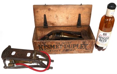 Lot 2001 - A Kismet Duplex Master Foot Pump, in original pine box; A Vintage W&D Foot Pump; and A Battery...