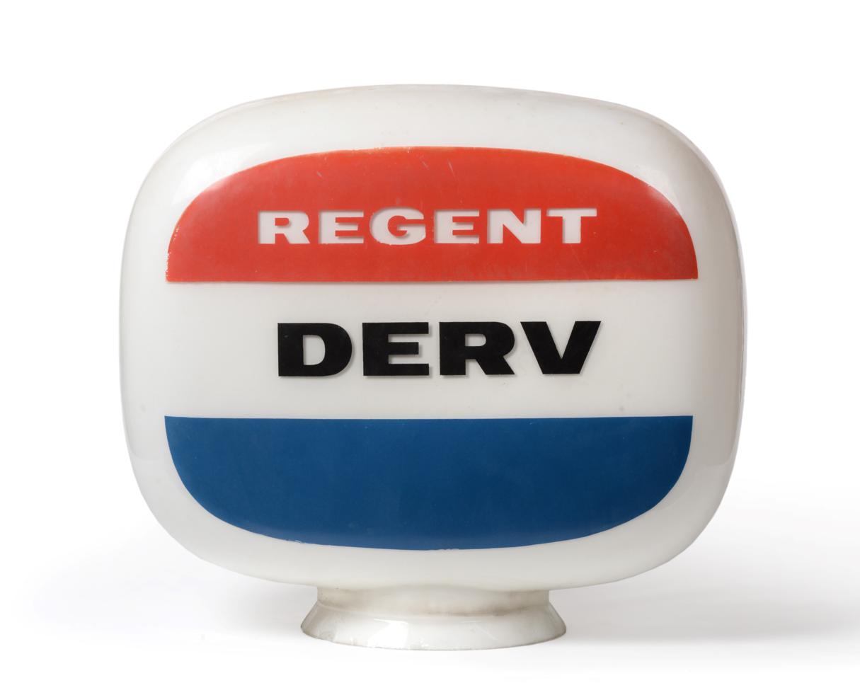 Lot 2007 - A ";Regent Derv"; Double-Sided Glass Petrol Pump Globe, 34cm high, diameter of neck 17cm...