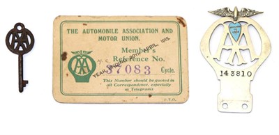 Lot 2010 - A Rare 1915 Chrome and Blue Enamel AA Badge, numbered 143810, the verso stamped Telephone...