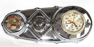 Lot 2022 - A Chrome Plated Harley Davison Quartz Wall Clock, modelled as a motor cycle gear box cover,...