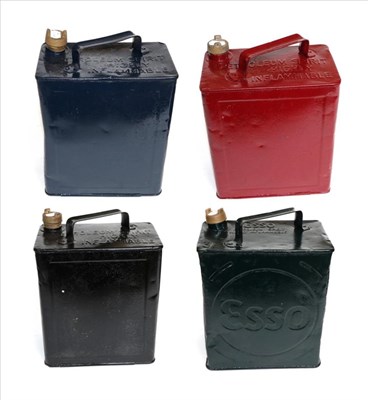 Lot 2027 - Four Vintage Two Gallon Petrol Cans, comprising an Esso green painted example, a red, blue and...