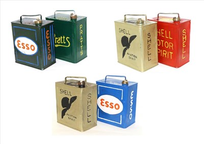 Lot 2029 - Six Vintage Petrol Cans, repainted, comprising green Esso, blue Esso, gold Shell, two red...