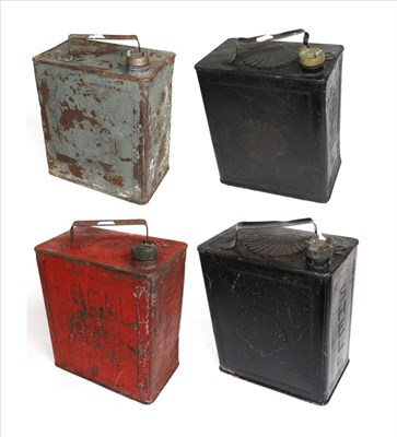 Lot 2031 - Four 1930's Shell Two Gallon Petrol Cans, comprising two black painted, one red and grey, 28cm...