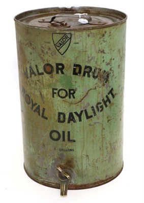 Lot 2039 - A Valor Five Gallon Green Circular Oil Drum, named Valor Drum for Royal Daylight Oil, with...
