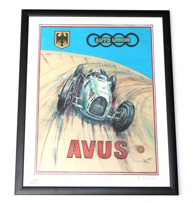 Lot 2124 - After Phil May ";Avus, Rosemeyer with the V16, Auto Union"; A giclee poster print, signed in...