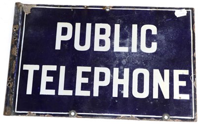 Lot 2134 - A Blue Enamel ";Public Telephone"; Double-Sided Sign, assorted drill holes and tubular frame,...