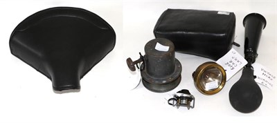 Lot 2142 - A Leather Motorcycle Saddle in new condition; A Vintage Horn; A Lucas Switch with chrome...