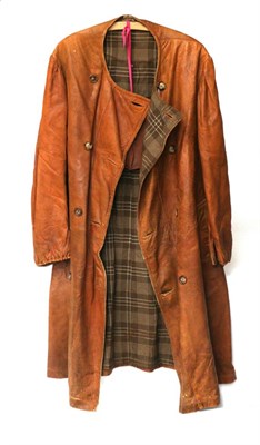 Lot 1032 - A Vintage Gent's Brown Leather Double Breasted Coat, press-stud adjustable sleeves, and a pair...