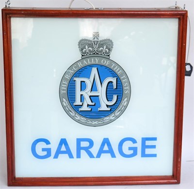 Lot 1043 - An Illuminated RAC Light Box Sign, perspex cover, mounted in a stained mahogany case, fitted...