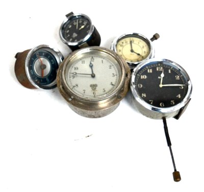 Lot 1051 - Five Vintage Car Clocks, comprising 1930s Smiths 3 inch, Smiths Eight Day 2 inch dial, Smiths 2...