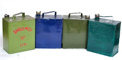 Lot 1053 - Four Vintage Two Gallon Petrol Cans, comprising green painted Shell-Mex, green painted Pratts...