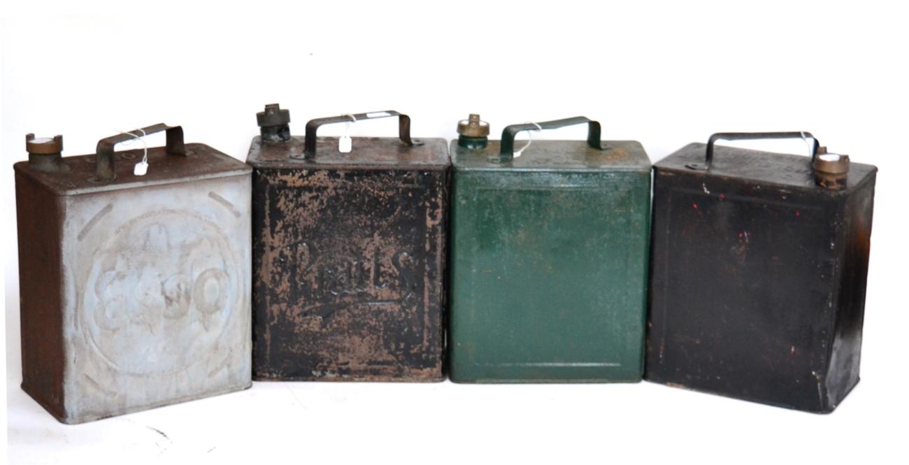 Lot 1054 - Four Vintage Two Gallon Petrol Cans, comprising red painted Shell, blue painted Pratts, green...