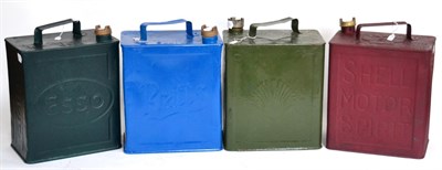 Lot 1055 - Four Vintage Two Gallon Petrol Cans, comprising rusted Esso, green painted (unmarked), black...