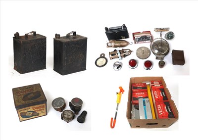 Lot 1065 - Two Pratts Petrol Cans; an Ogden's tin containing a Smith's speedometer, a Morris oil pressure...