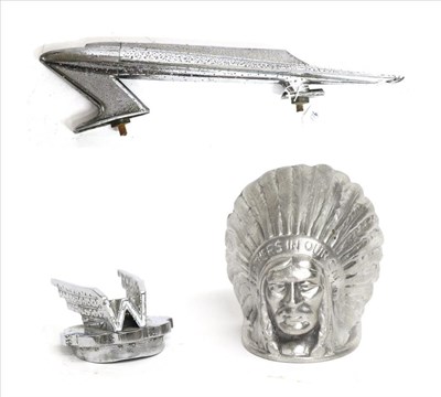 Lot 1116 - Three 1930s Car Mascots, comprising a nickel Guy example in the form of an Indian Chief, 10cm high