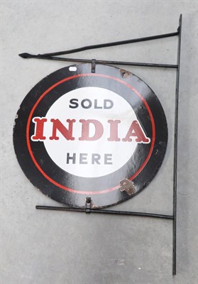 Lot 1121 - A Black and Red Circular Enamel Double-Sided Advertising Sign: India Sold Here, mounted on a...