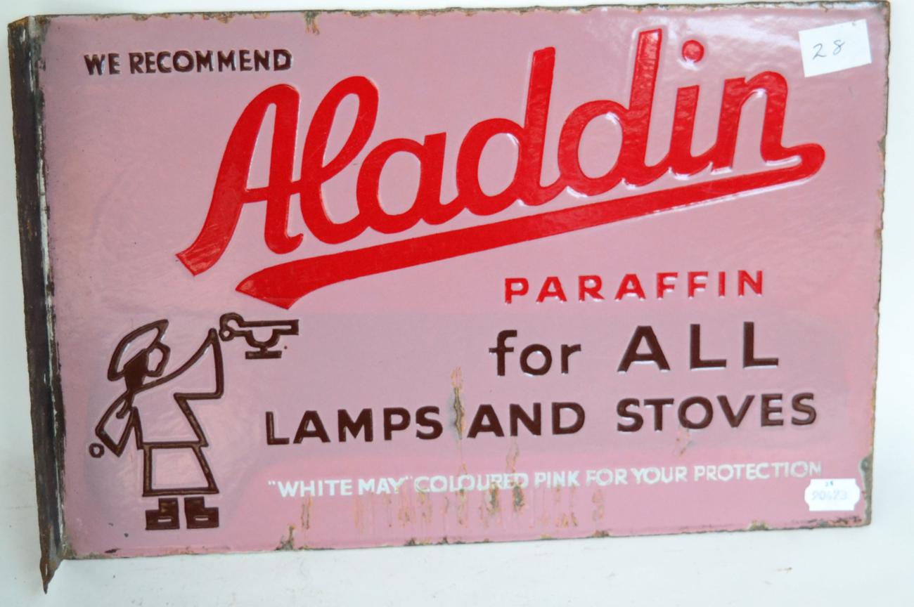 Lot 1131 - A Pink Enamel Double-Sided Advertising Sign: We Recommend Aladdin Paraffin for all Lamps and...