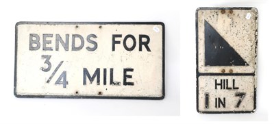 Lot 1136 - A Vintage Metal Road Warning Sign: Bends for 3/4 Mile, four drill holes, 36cm by 70cm; and another