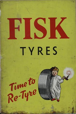 Lot 1138 - A Yellow Metal Single-Sided Advertising Sign: Fisk Tyres Time to Re-Tyre, six drill holes, 76cm...