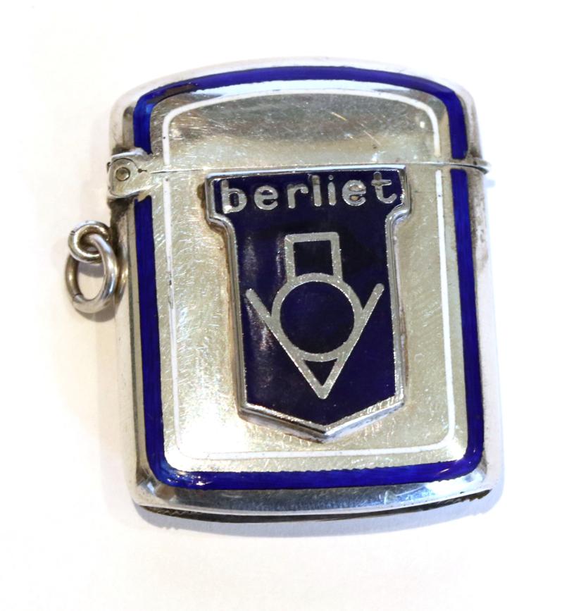 Lot 11 - A French Blue Enamel Match Striker, with hinged lid above an emblem Berliet, 4cm high