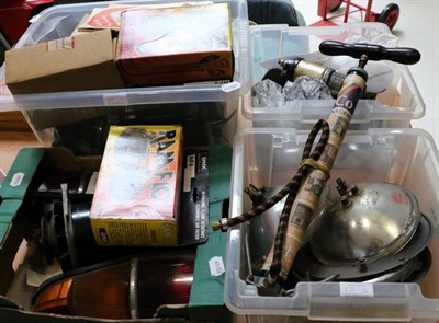 Lot 25 - Four Boxes of Assorted Car Spares, to include a rear lamp from a Morris Oxford, a magneto from...