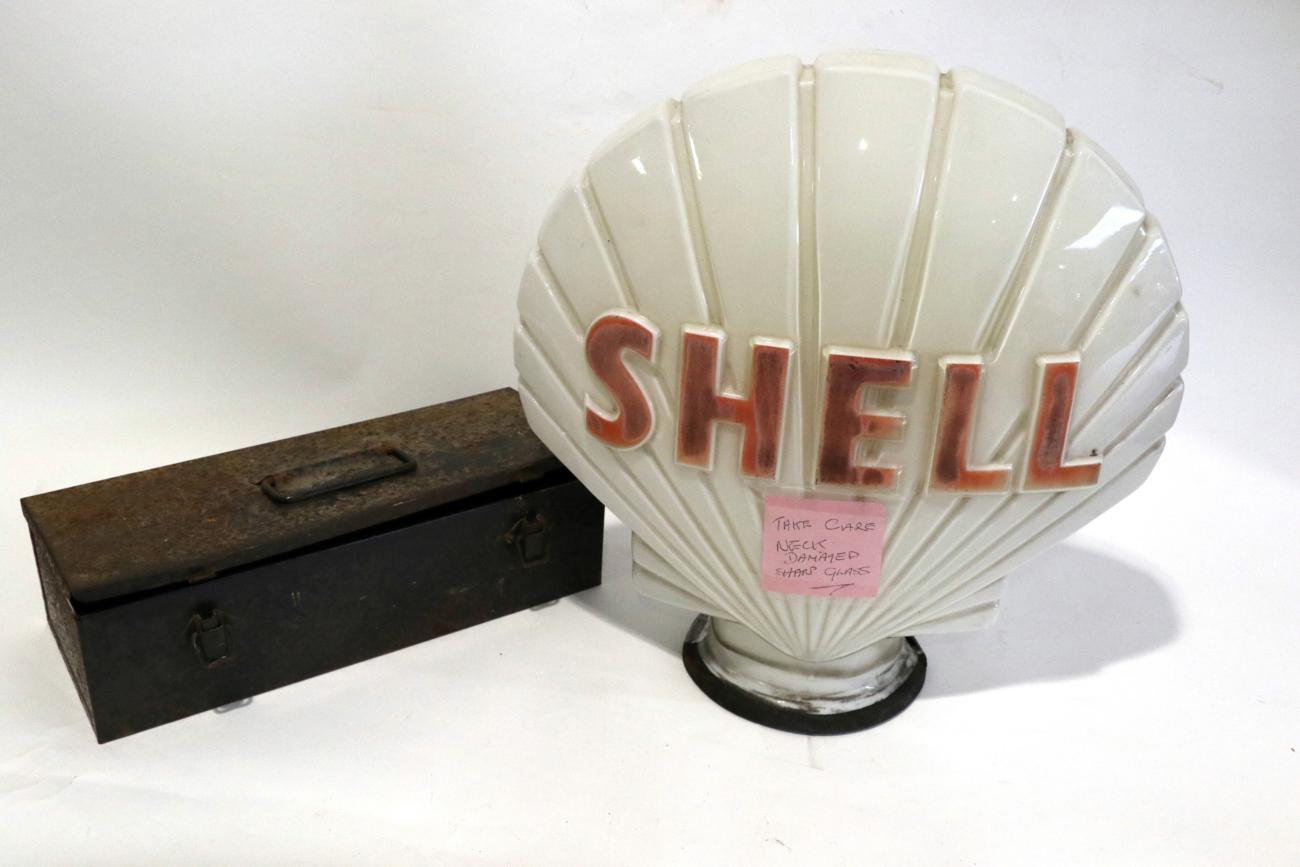 Lot 34 - A Shell Double-Side Opaque Petrol Pump Globe, with red lettering in relief, the base stamped...