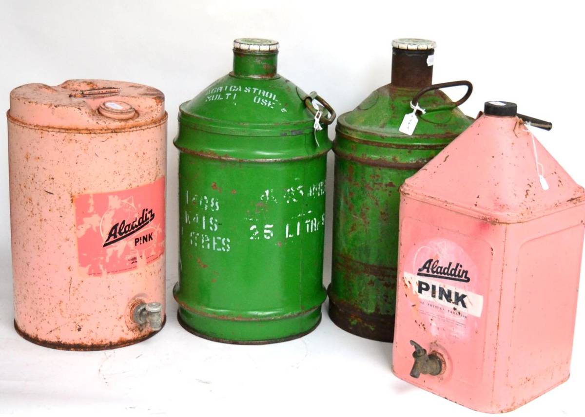 Lot 45 - Two Vintage Aladdin Pink Paraffin Cans, comprising a cylindrical example with carrying handle...