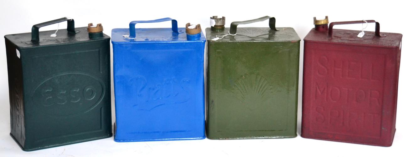 Lot 48 - Four Vintage Two Gallon Petrol Cans, comprising rusted Esso, green painted (unmarked), black...