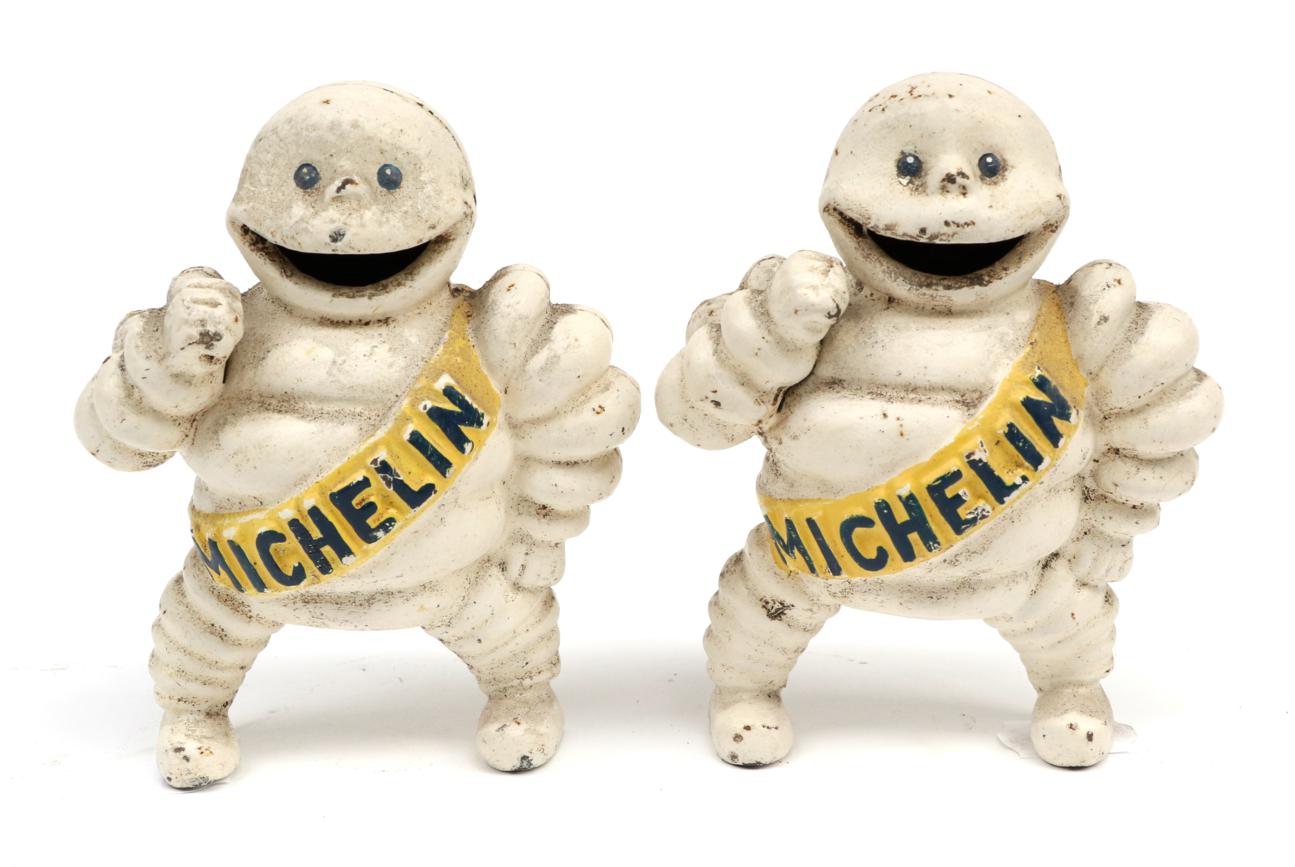 Lot 68 - Two Michelin Men White Painted Metal Advertising Figures, with yellow bands, stamped Michelin...