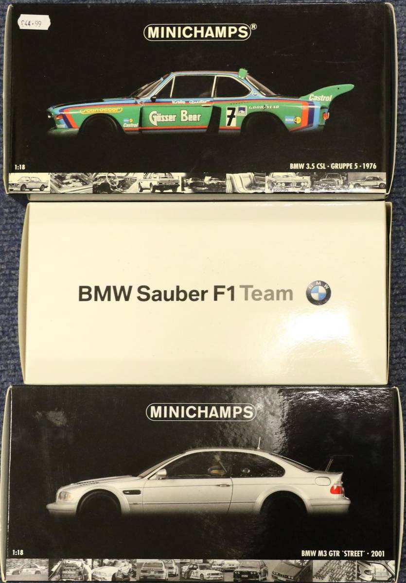 Lot 82 - Minichamps BMW 1:18 Scale Models 3.5 CSL Gruppe 5 1976, M3 GTR Street 2001 and Sauber F1 Team (3)
