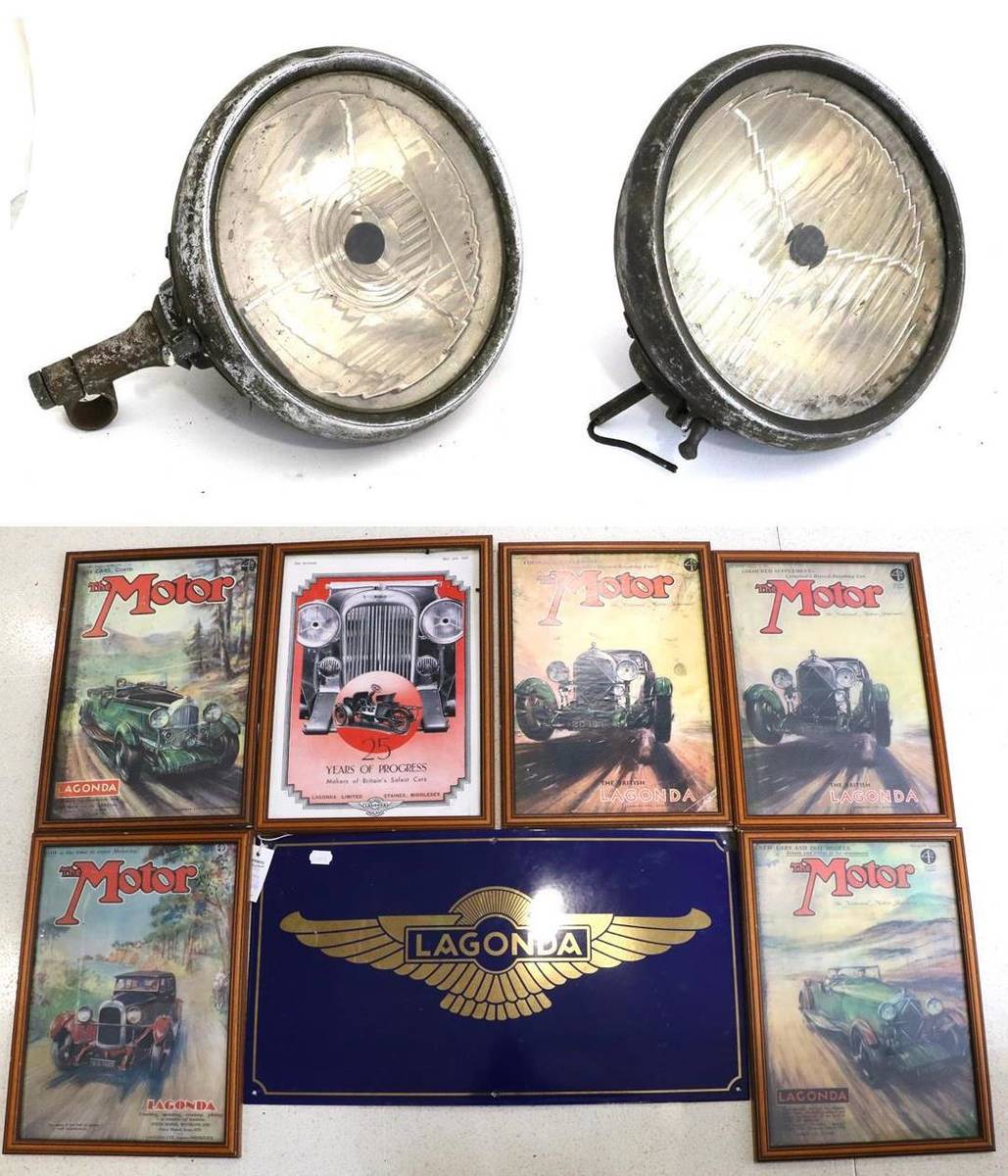 Lot 100 - A Pair of Early 20th Century 10in Bull's Eye Headlamps, with mounting brackets; A Reproduction Blue