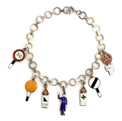 Lot 104 - A Silver Charm Bracelet, with circular links suspending seven enamel charms in the form of road...