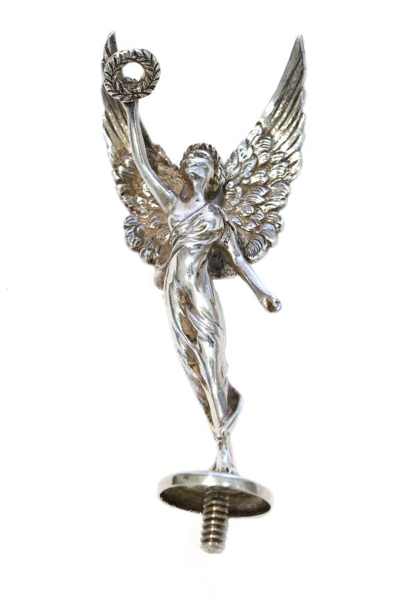 Lot 137 - A Silver Car Accessory Mascot modelled as a Winged Angel, the female out stretched holding a...