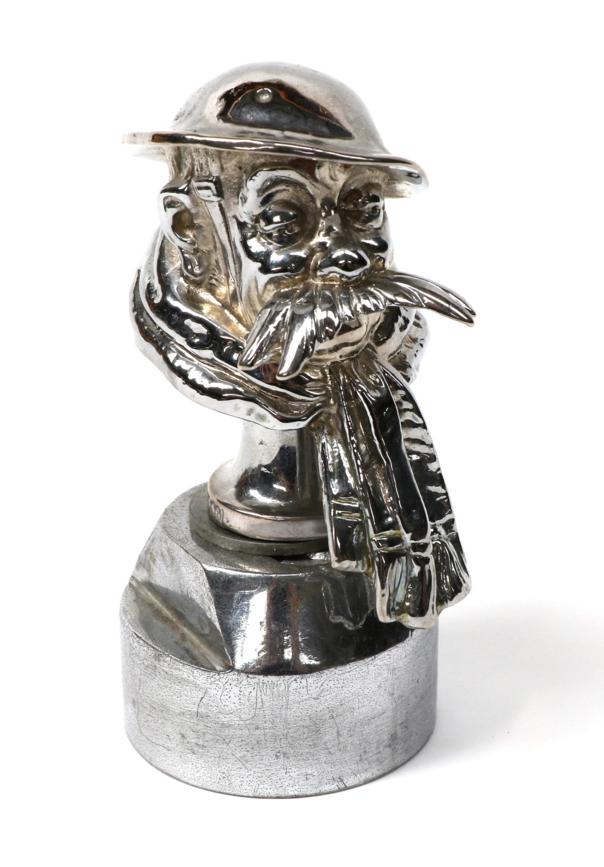 Lot 144 - A Chrome on Brass Car Mascot modelled as Old Bill, circa 1910/20, the base stamped Reacon?, mounted