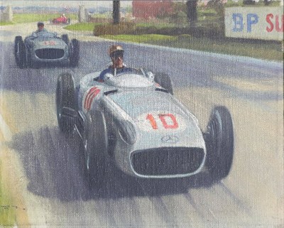Lot 161 - Roy Nockolds (British, 1911-1979) Juan Manuel Fangio and Stirling Moss, numbers Mercedes Silver...