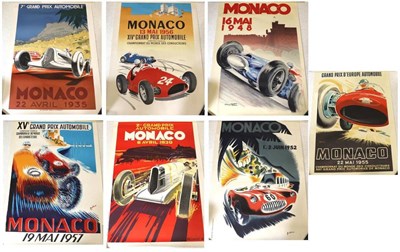 Lot 162 - Eight 1980s Colour Racing Posters, for Monaco 1930, 1935, 1948, 1952, 1955, 1956 and two...
