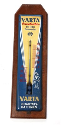 Lot 214 - A German Varta Blue Enamel Advertising Sign/Thermometer, Varta Quality Batteries, mounted on a...