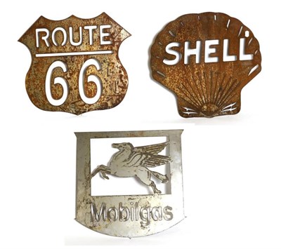 Lot 218 - Three Metal Profile Cut Advertising Signs: a rusted Route 66 sign, 46cm by 52cm, a rusted Shell...