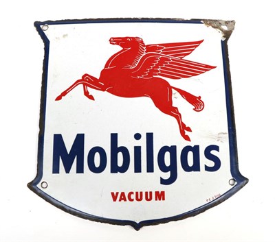 Lot 231 - A Mobil Gas Single-Sided Cartouche Shaped Advertising Sign, painted with a red Pegasus and blue...