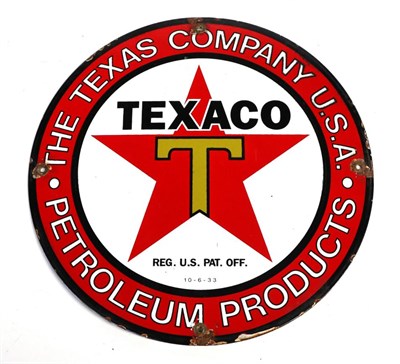 Lot 234 - A 1933 Texaco Single-Sided Circular Enamel Adverting Sign, with central panel TEXACO  and...