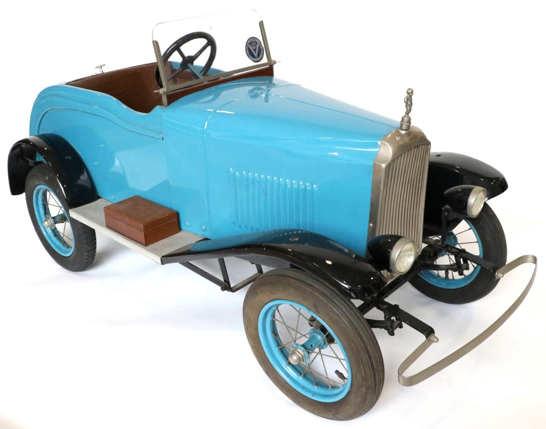 Lot 257 - A 1932 Blue Painted Vauxhall Opal Tourer Pedal Car, with brown leatherette seat, black painted...